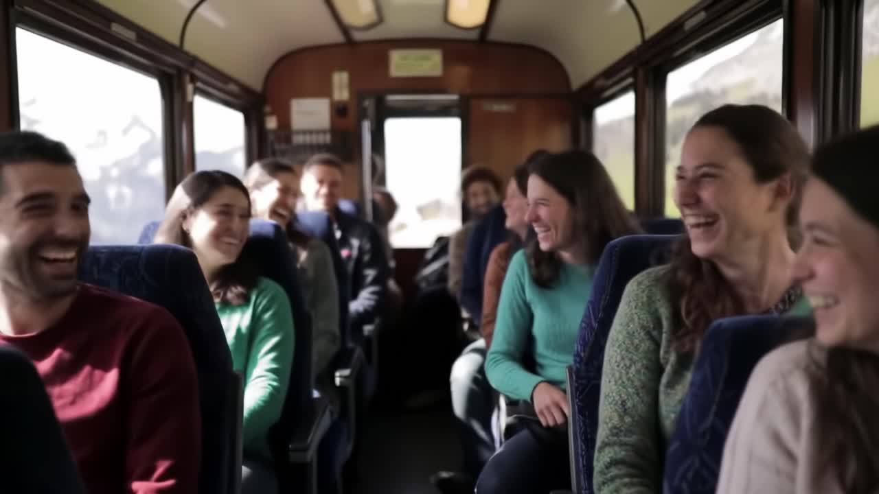 Joyful Group of Friends Traveling Together on a Scenic Train Journey, Laughing and Celebrating the Moment in a Relaxed Atmosphere Amidst Beautiful Landscapes