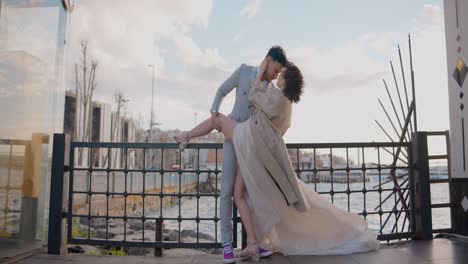 romantic couple posing outdoors