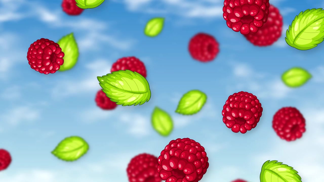 Animated red raspberries and green mint leaves fall slowly against a bright blue cloudy sky.
