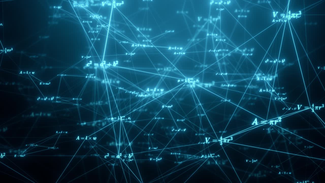 Glødende matematik-plexus: Animerede blå formler og ligninger i bevægelse
