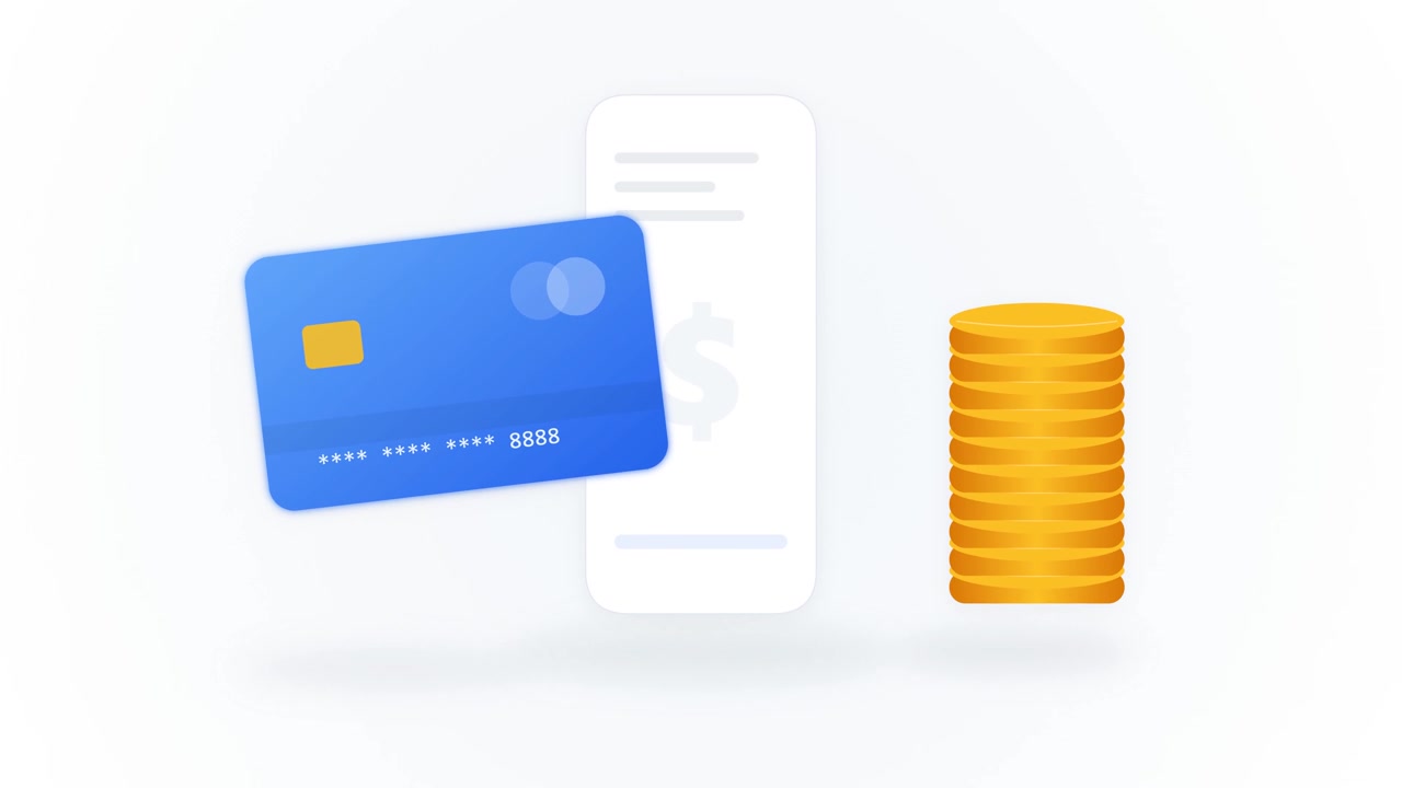 3D Animation of Credit Card, Receipt, and Stack of Gold Coins