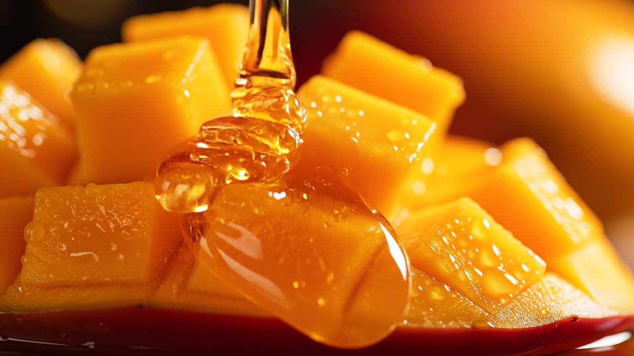 Miele dorato che cola su fette di mango fresco a cubetti