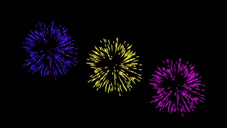 animación de coloridos fuegos artificiales de navidad y año nuevo que explotan sobre un fondo negro