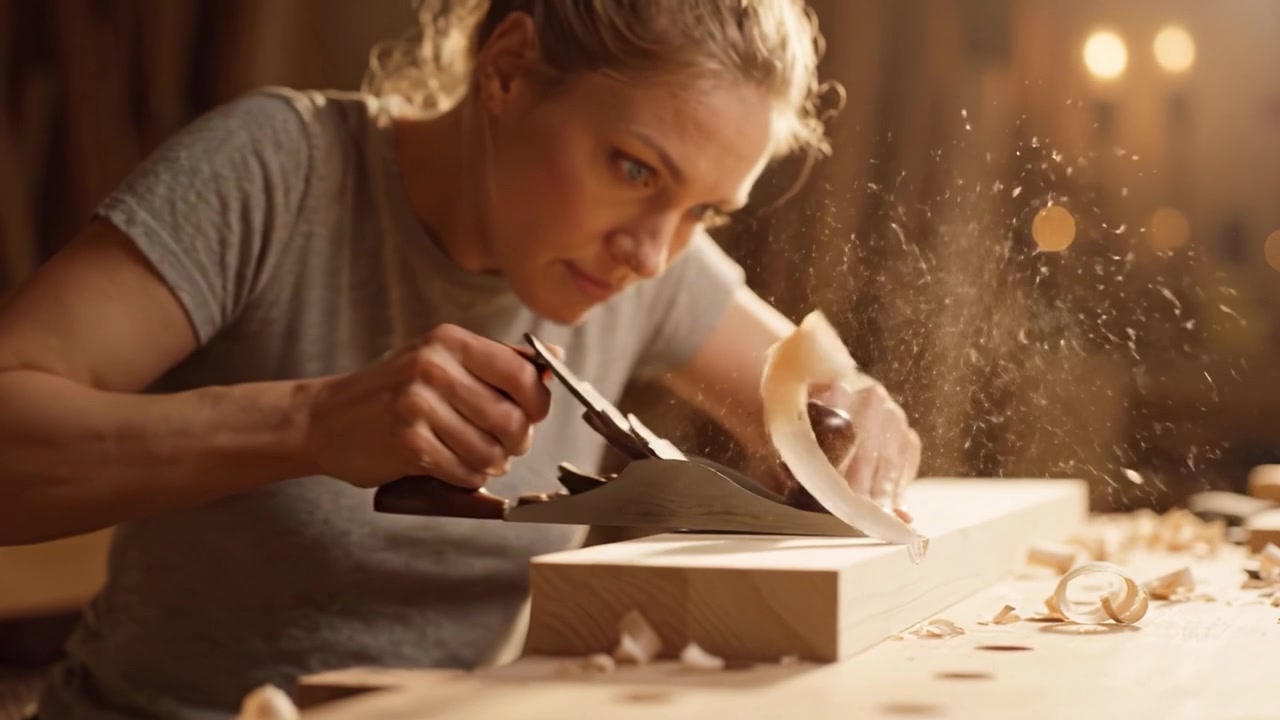 Craftsperson Skillfully Planing Wood in a Workshop, Focused on Precision and Detail as Shavings Accumulate in a Cozy, Well-Lit Environment