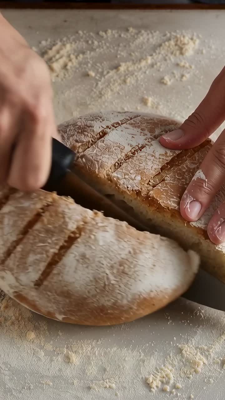 Vertical video: Knife descending, baker hands sawing round loaf on floured board, separating slice