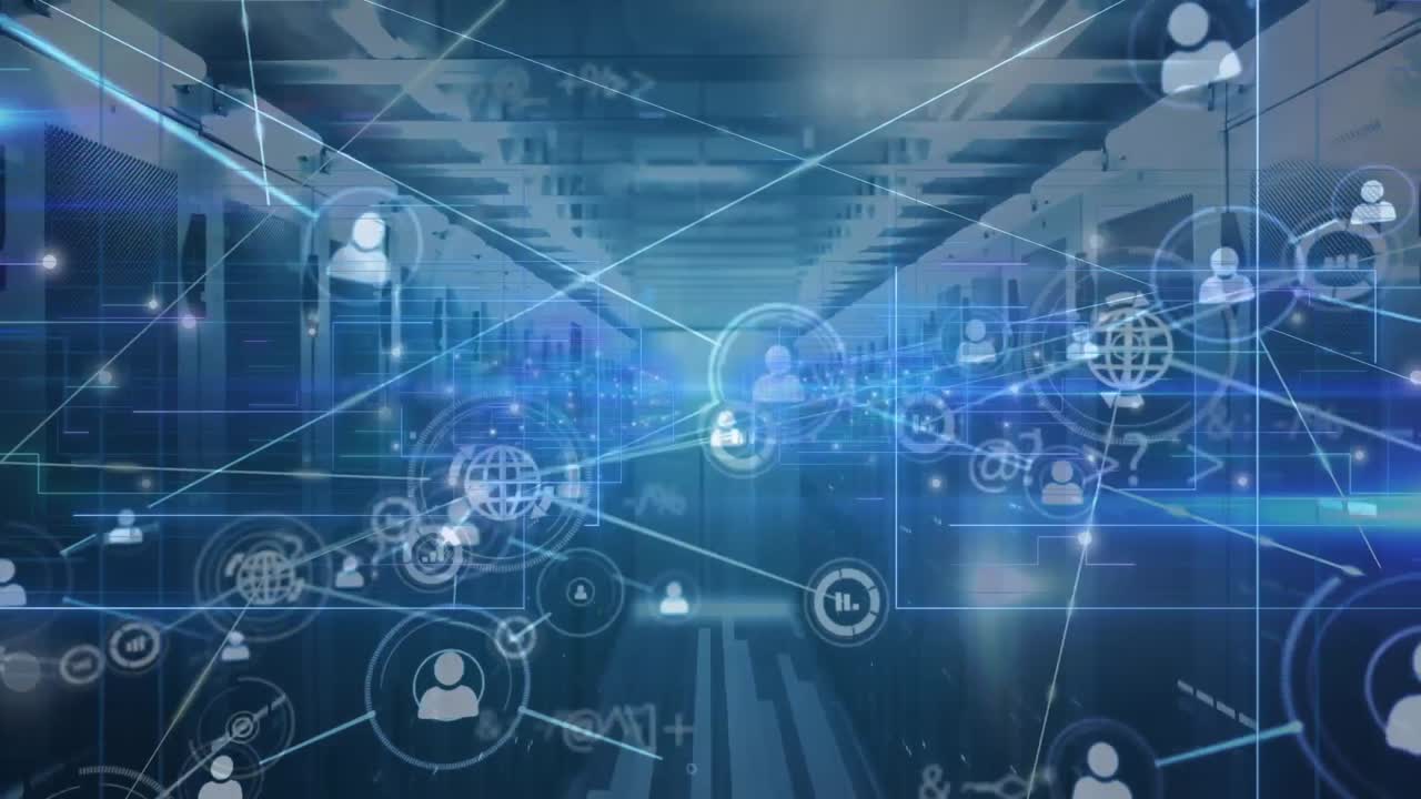 Animation of data processing with network of connections over server room