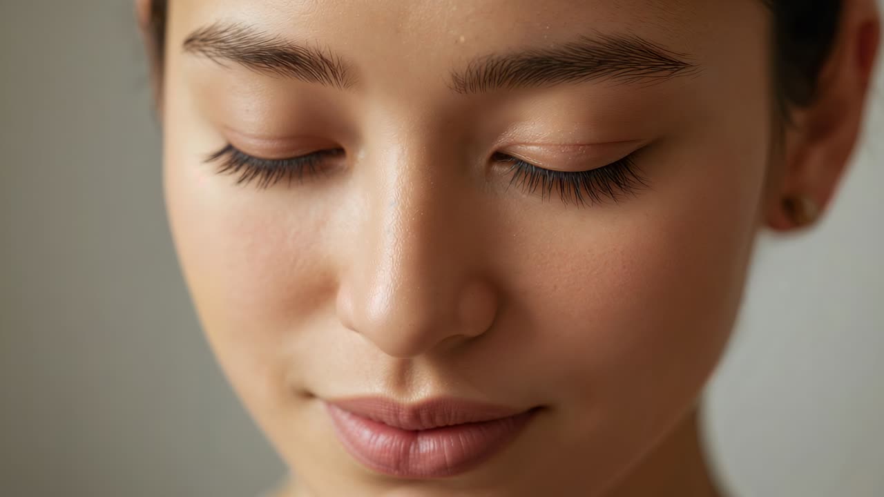 Recording Asian woman raising eyelids and smiling in studio for beauty shoot, showing stud earring
