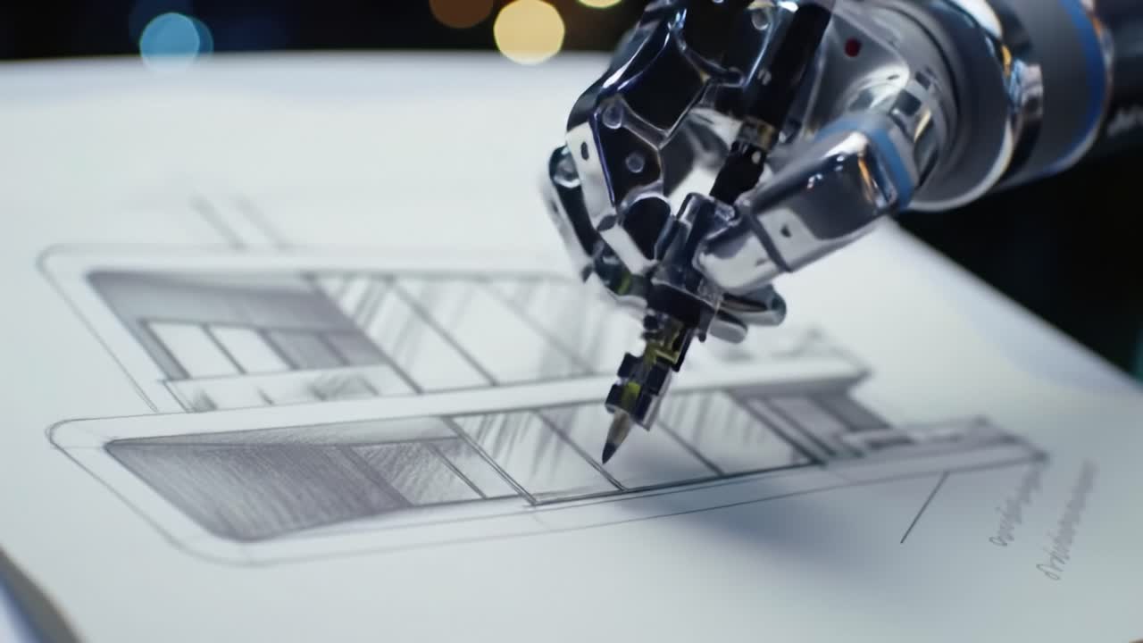 An Advanced Robotic Hand Skillfully Illustrates a Detailed Architectural Drawing, Blending Technology and Artistry to Showcase Precision in Design for Modern Architecture