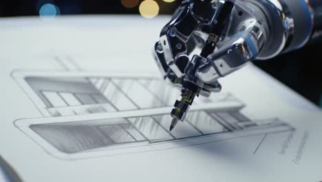 an advanced robotic hand skillfully illustrates a detailed architectural drawing, blending technology and artistry to showcase precision in design for modern architecture