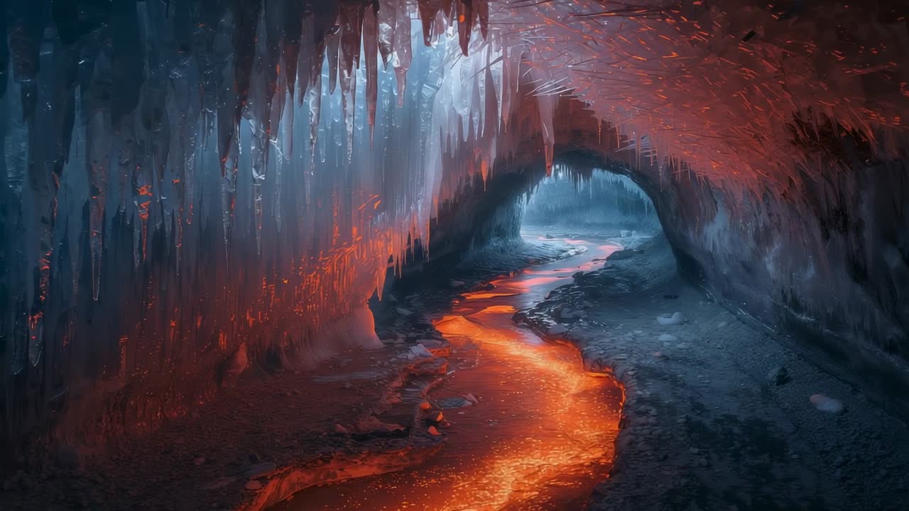 Flowing glowing molten stream winding through ice cave, beside cool blue-lit hanging stalactites