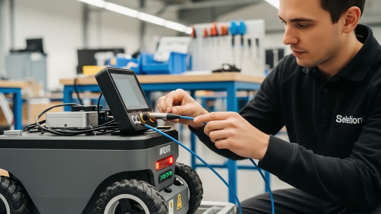 A technician meticulously works on a robotic device, adjusting settings and connections to ensure optimal performance in a modern engineering facility