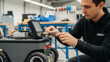 a technician meticulously works on a robotic device, adjusting settings and connections to ensure optimal performance in a modern engineering facility