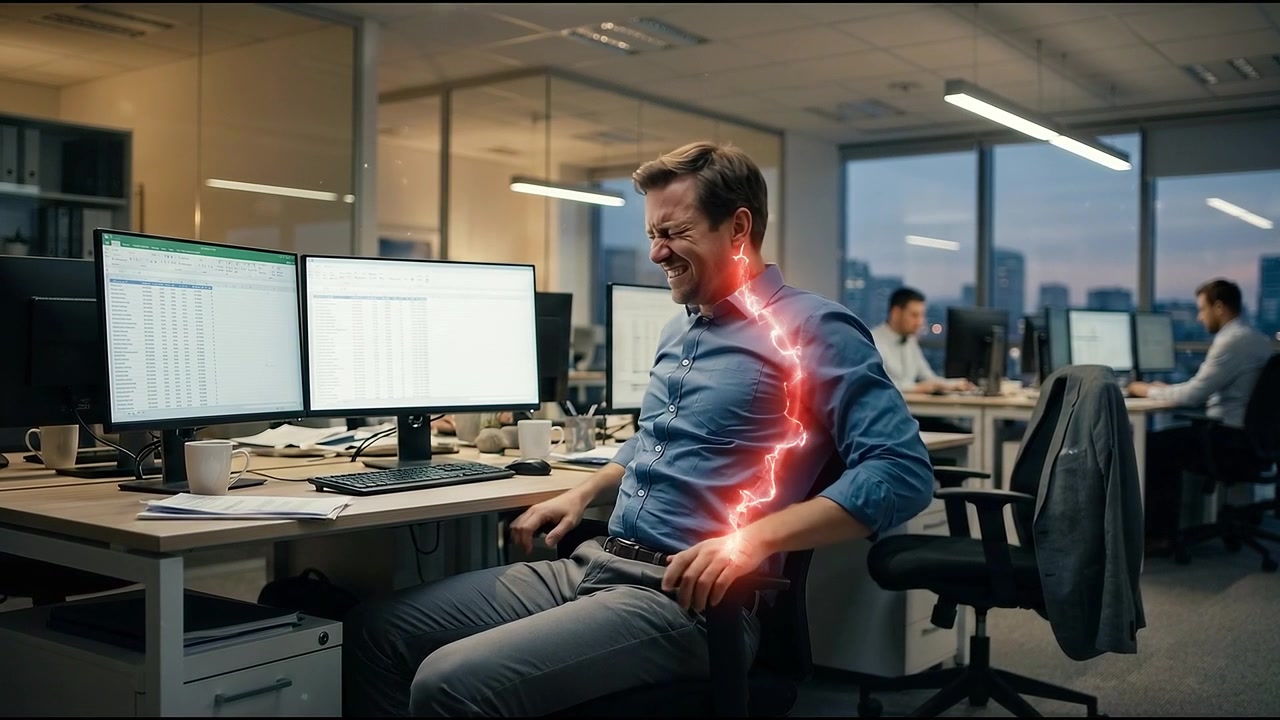 Office Worker Experiencing Back and Neck Pain at Desk