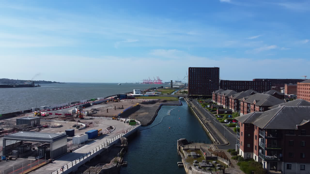 Aerial drone view of city and port of Liverpool United Kingdom