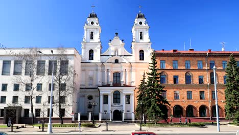 minsk, belarus. view of cathedral of saint virgin mary and part of building of french embassy in republic of belarus