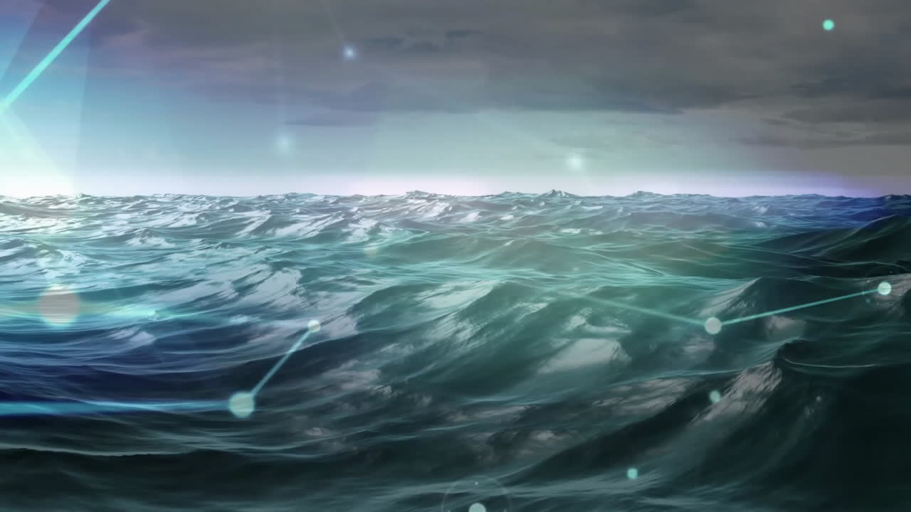 Ocean waves carrying glowing green digital scanning beam, creating tech visualization on water