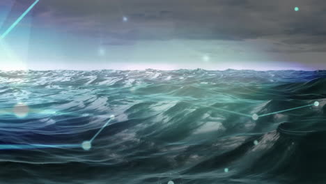 ocean waves carrying glowing green digital scanning beam, creating tech visualization on water