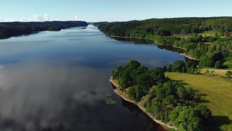 Aerial-view-of-beautiful-blue-lake-surrounded-by-green-land-and-trees