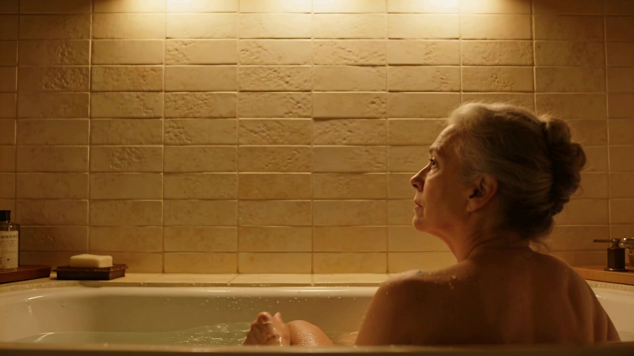 Settling senior woman lifting arm, gazing upward reflecting in bathtub with soap, pump, copy space