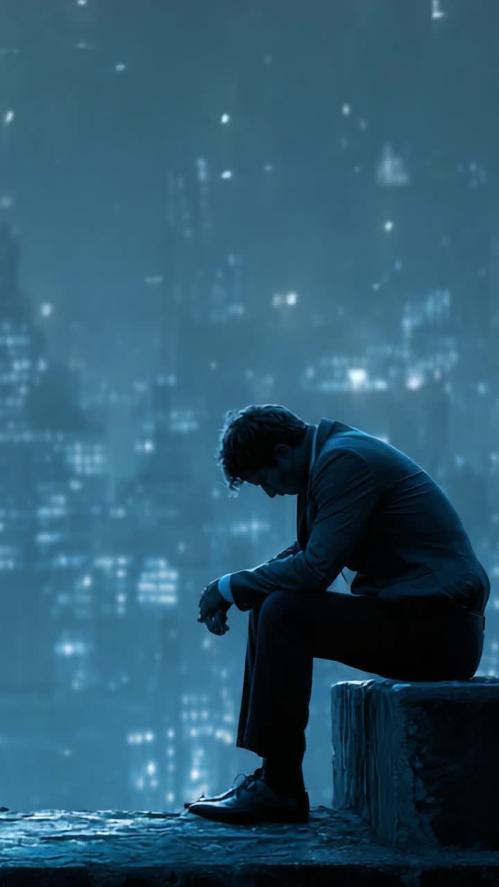A Deep Reflection: A Pensive Man Contemplates Life Against a Mystical Cityscape Backdrop, Embracing Solitude Amidst Urban Lights