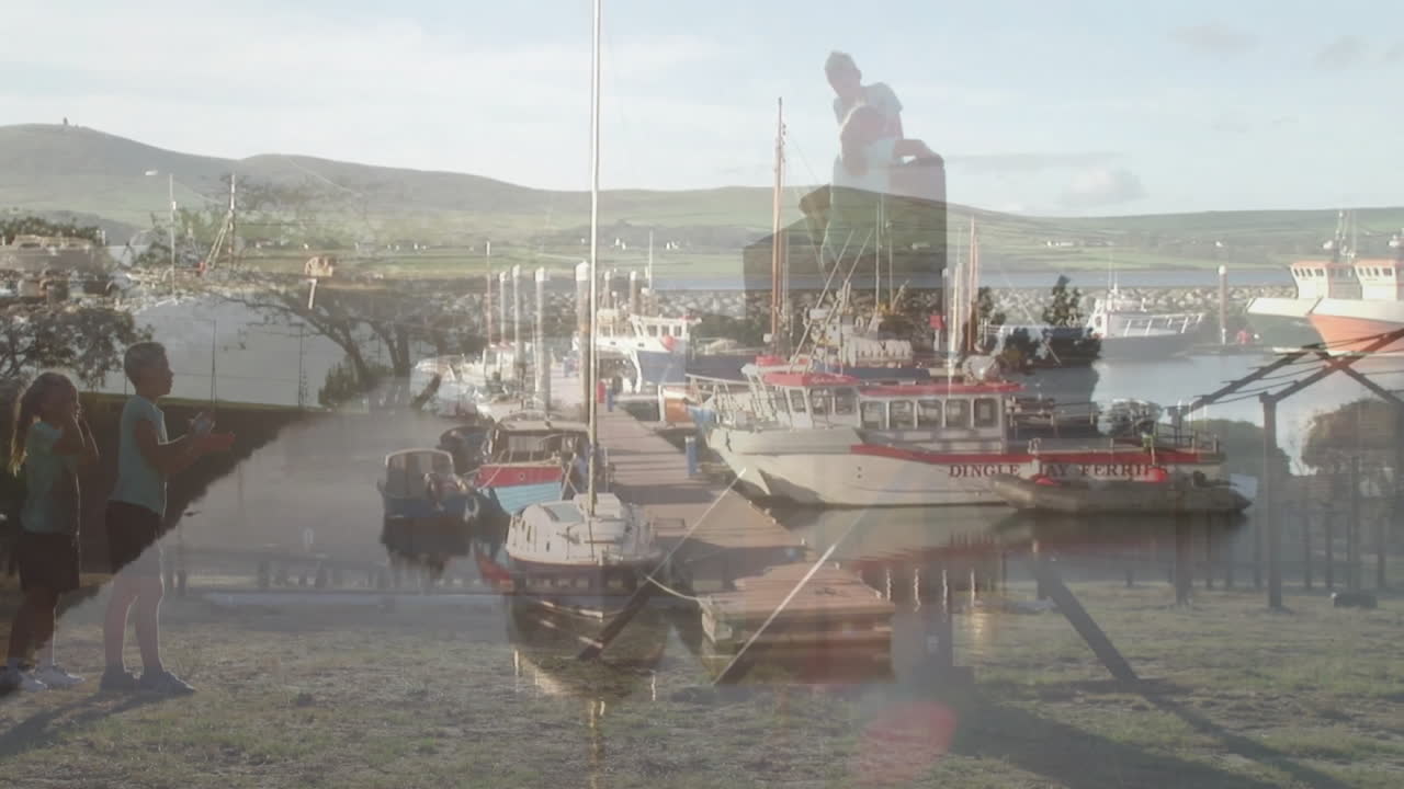 Animation of people clapping and embracing over marina with docked boats