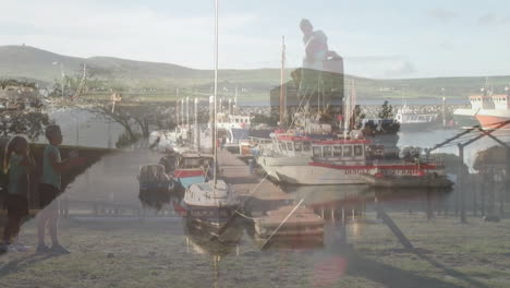 animation of people clapping and embracing over marina with docked boats