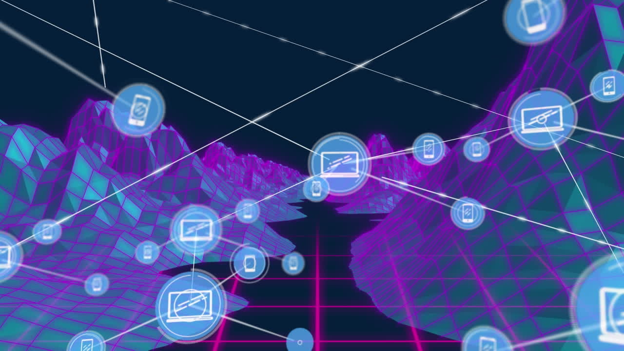 animación de la red de conexiones con iconos sobre el metaverso