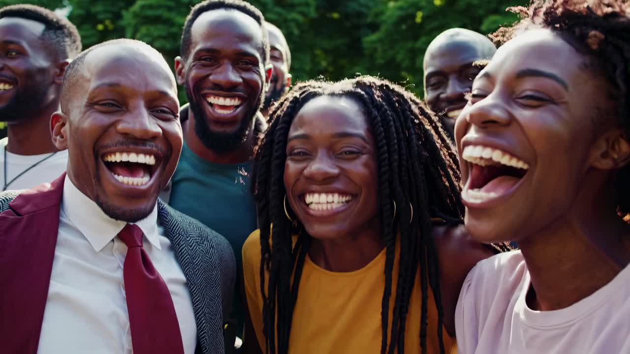 Eine fröhliche Gruppe von FreundInnen, die im Freien lacht, aufgenommen in einer Video-Nahaufnahme