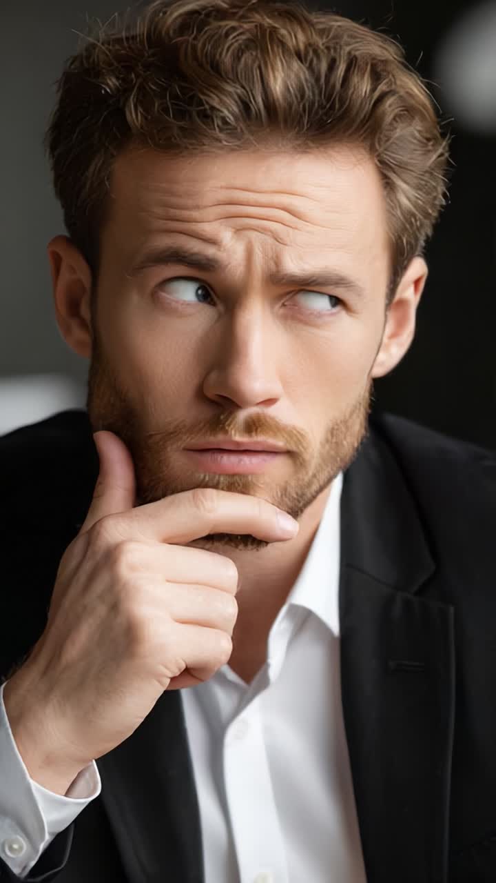 Uomo contemplativo in blazer nero: un'esplorazione visiva di pensosità e riflessione catturata in due diverse inquadrature