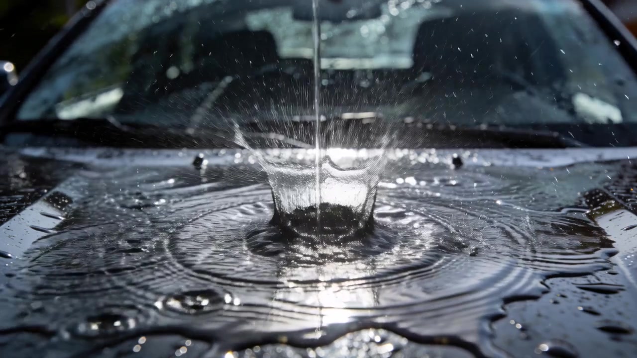 Uno stretto getto d'acqua che cade colpisce un'area accumulata sul cofano dell'auto nel vialetto, creando schizzi a corona.
