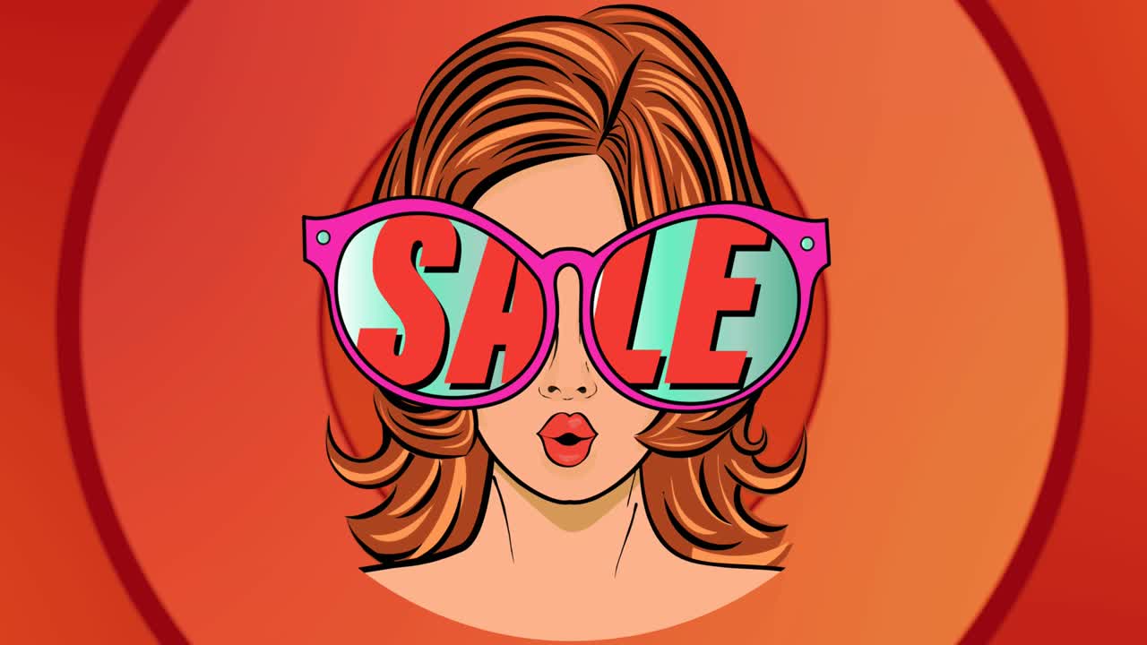 animación del texto de venta sobre una mujer con gafas de sol y círculos rojos pulsantes en el fondo