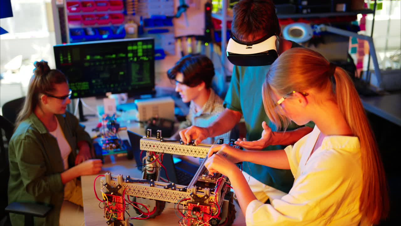 Young engineers with VR virtual reality headset fixing a robotic car in research laboratory, slow motion