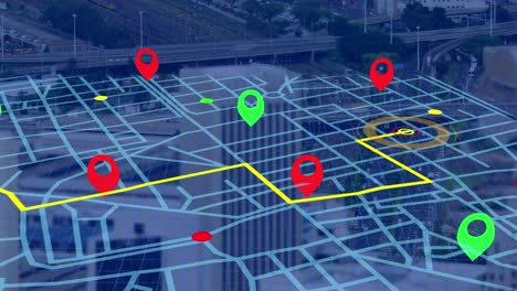 Navigator-pin-over-navigation-map-line-scheme-against-aerial-view-of-city-traffic