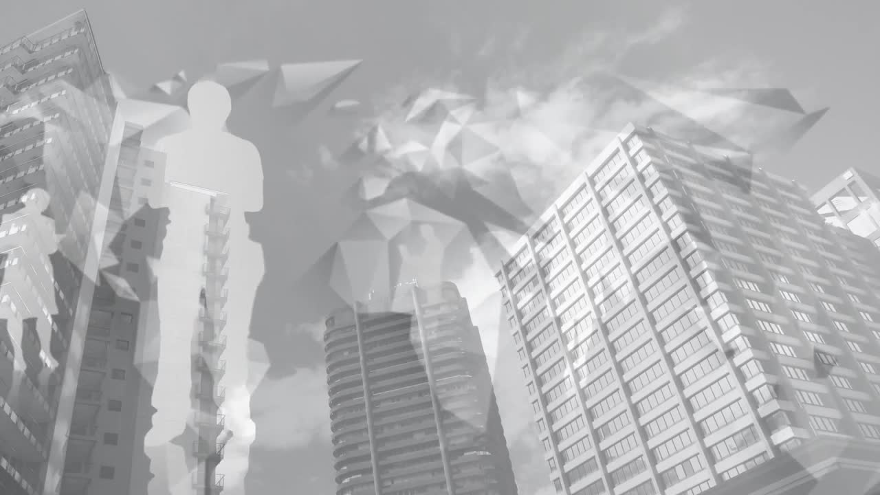건물의 낮은 각도 시야에서 사람들의  그림자와 추상적인 패턴의 애니메이션.