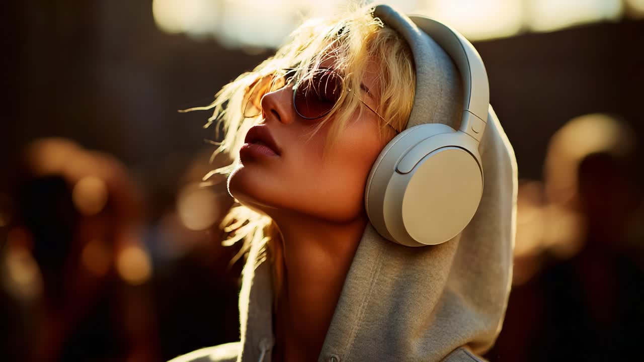 Exploring the Essence of Music through Stylish Headphones: A Captivating Journey of Sound and Emotion Captured in Frames of a Young Woman Embracing the Rhythm of Life with Sunglasses and a Hoodie