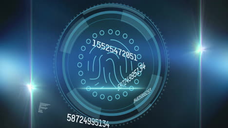 animation of cyber security text and biometric fingerprint scanner over processing data