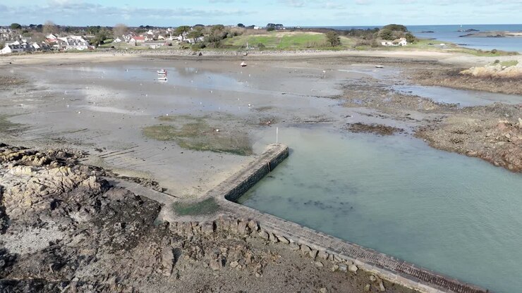 Vista del porto di Bordeaux a Guernsey, guardando a nord a metà marea, con il muro del porto, barche che si asciugano, spiaggia e cottage sullo sfondo in una giornata luminosa.