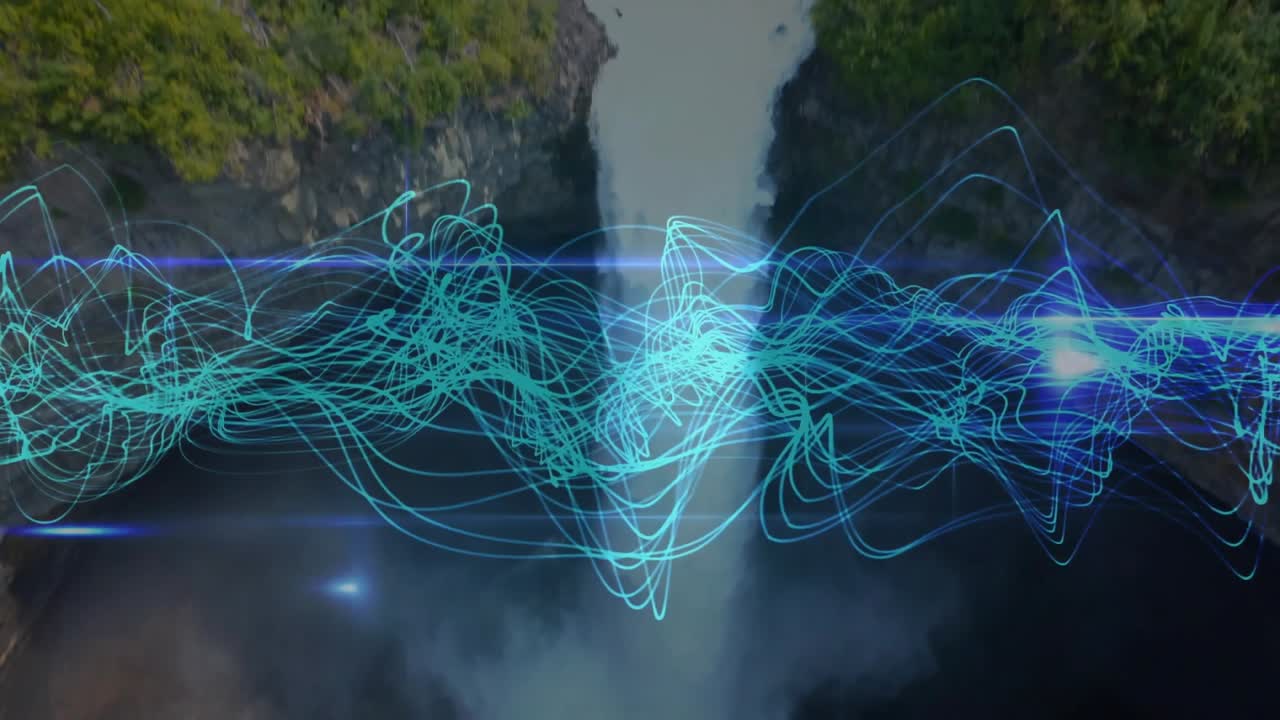 Animated cyan waveform moving across midline, peaking over waterfall and enhancing mist for tech