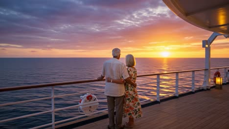 a romantic sunset embrace on the deck of a cruise ship: a couple enjoying quality time together against a backdrop of soft golden light and calm ocean waves
