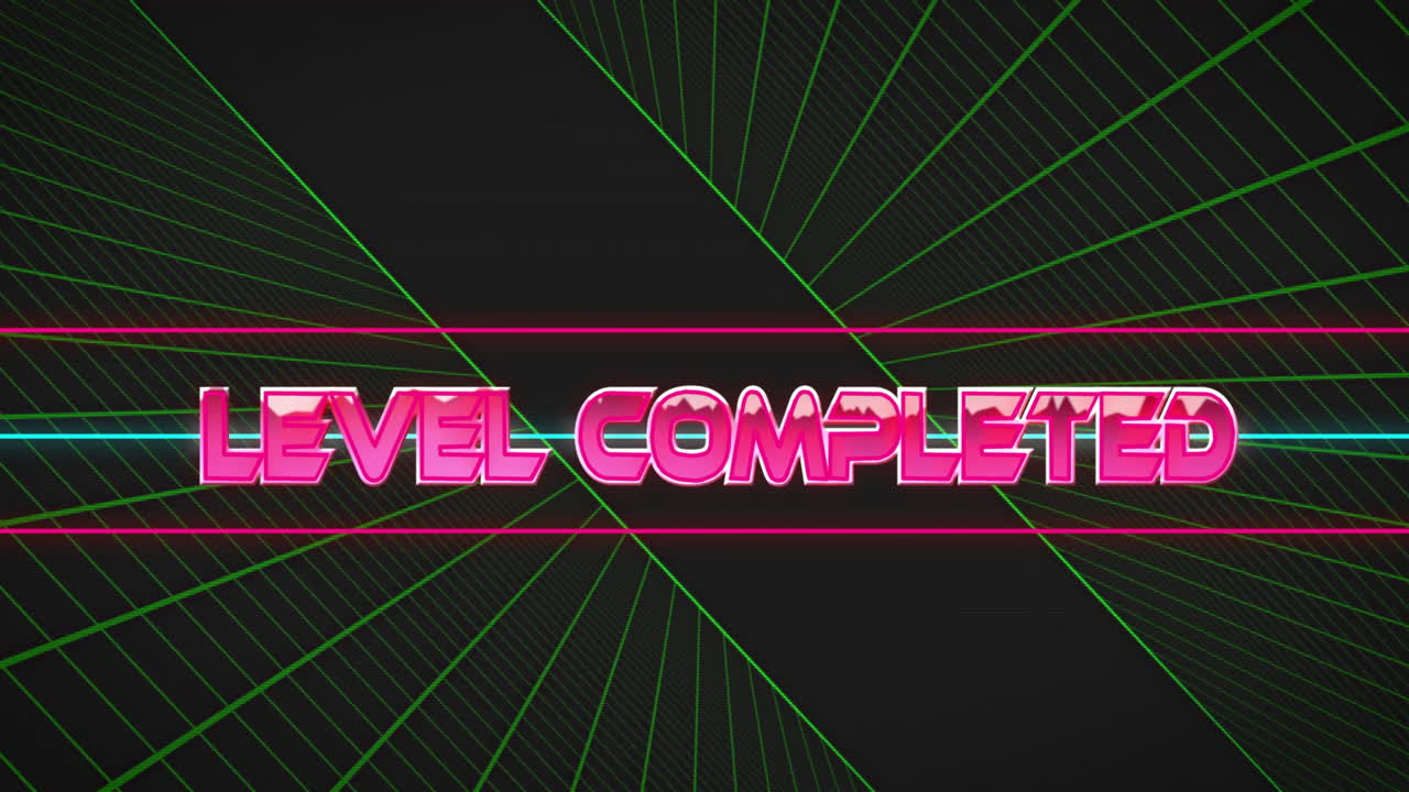 Neon animation with Level Completed text over green geometric line pattern