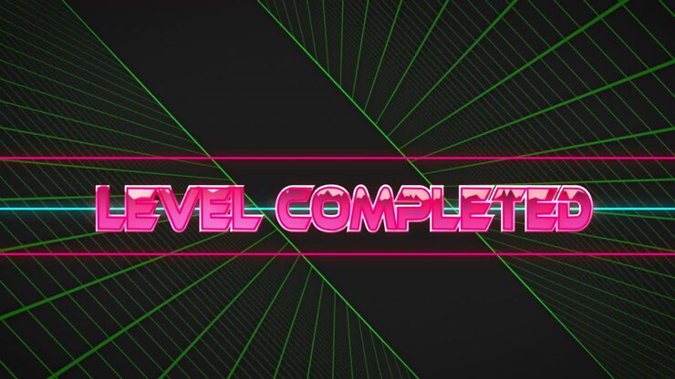 Neon animation with Level Completed text over green geometric line pattern