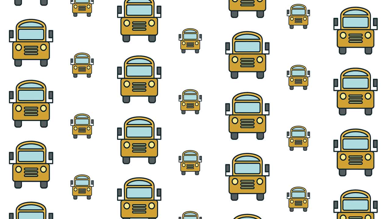animación de iconos de autobuses escolares que se mueven sobre un fondo blanco