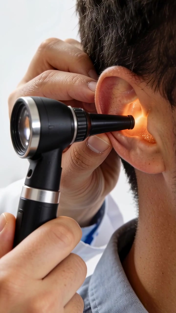 Video verticale: Sollevando l'otoscopio, il medico esamina il condotto uditivo destro in clinica con speculum illuminato e camice bianco.