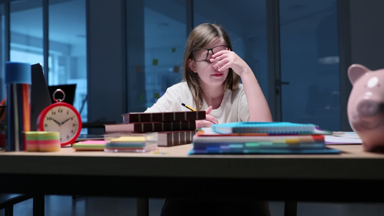 Studente stanco seduto alla scrivania con dei libri
