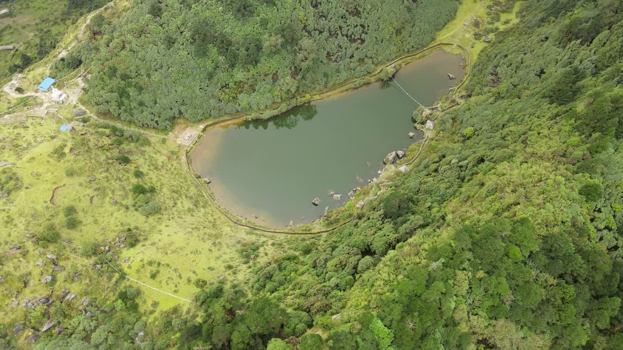 The aerial view shows the fog over Salpa Pokhari(Pond) in Bhojpur, Nepal