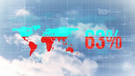 animation of world map with increasing percentage and data processing against clouds in the sky