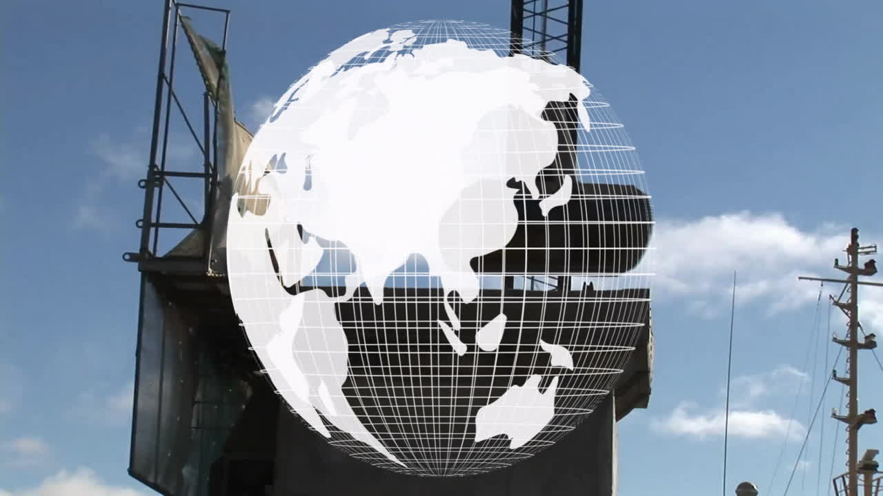 Rotating globe animation over construction site with scaffolding and blue sky