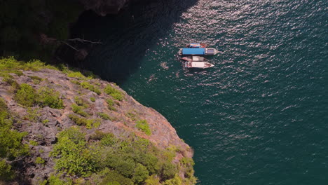 tropical island bay with boats and snorkelers