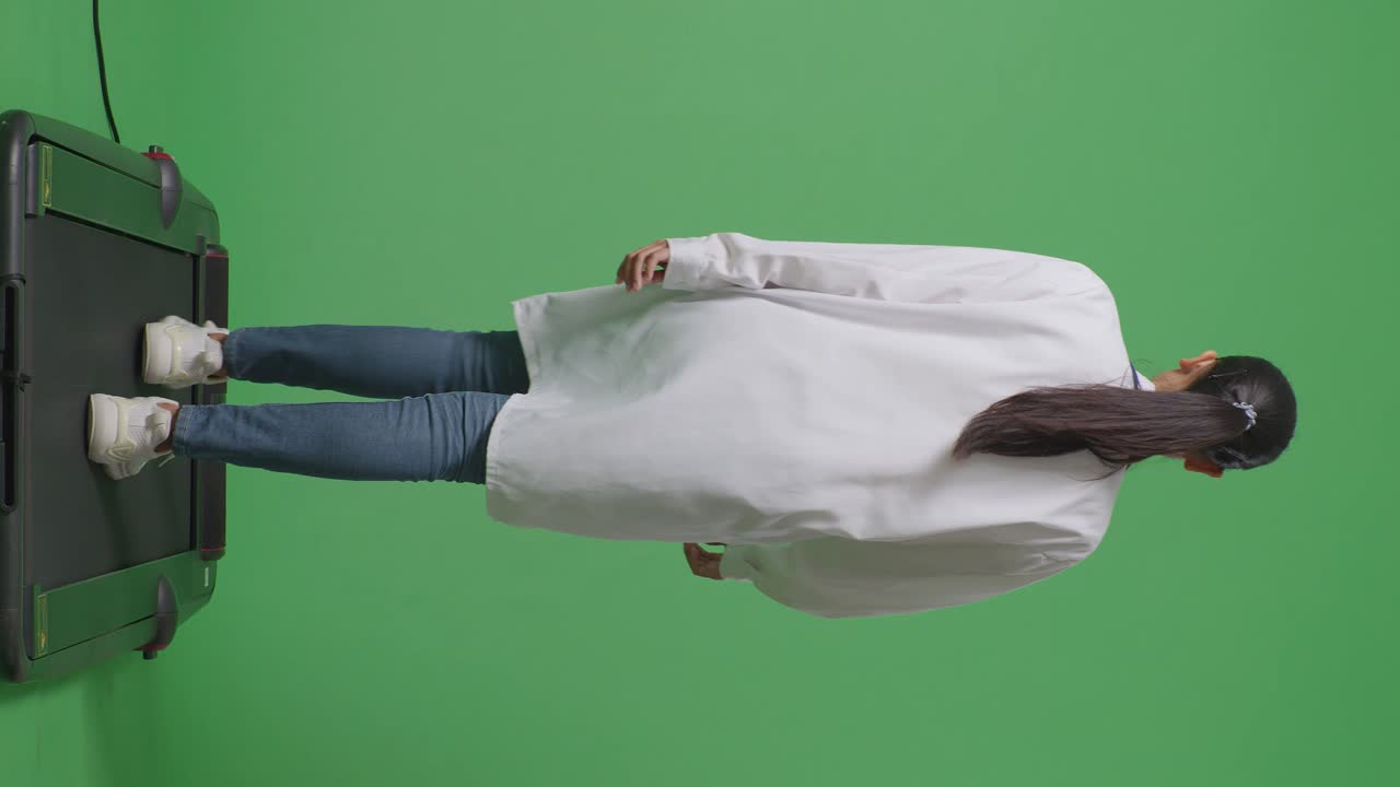 아시안 여성 의사가 스테토스코프를 들고 병원에서 녹색 화면 배경에서 고 있습니다.