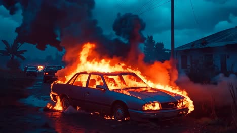 a car is engulfed by flames on the side of the road